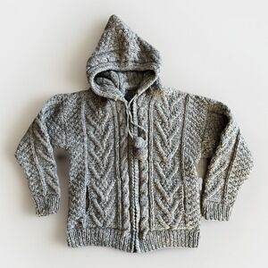 Hand Knit Sweater Womens Medium Gray Chunky Hooded Zip Front Cable Knit Wool